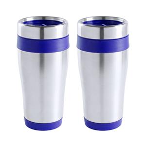 Merkloos Warmhoudbeker/thermos isoleer koffiebeker/mok - 2x - RVS - zilver/blauw - 450 ml -