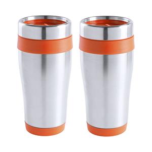 Merkloos Warmhoudbeker/thermos isoleer koffiebeker/mok - 2x - RVS - zilver/oranje - 450 ml -