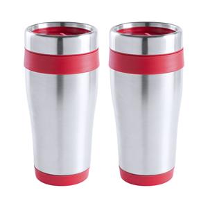 Merkloos Warmhoudbeker/thermos isoleer koffiebeker/mok - 2x - RVS - zilver/rood - 450 ml -