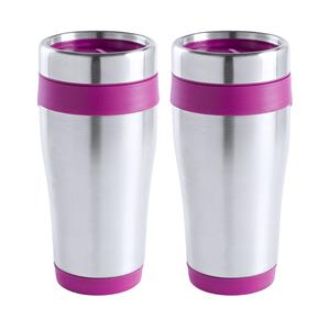 Merkloos Warmhoudbeker/thermos isoleer koffiebeker/mok - 2x - RVS - zilver/roze - 450 ml -