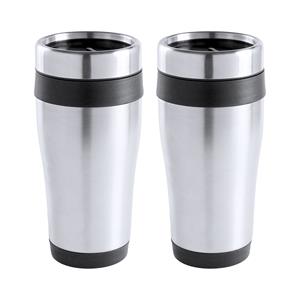Merkloos Warmhoudbeker/thermos isoleer koffiebeker/mok - 2x - RVS - zilver/zwart - 450 ml -