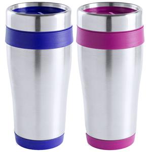 Merkloos Warmhoudbekers/thermos isoleer koffiebekers/mokken - 2x stuks - RVS - donkerblauw en roze - 450 ml -