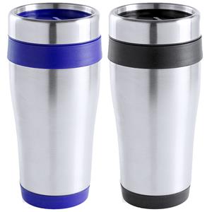 Merkloos Warmhoudbekers/thermos isoleer koffiebekers/mokken - 2x stuks - RVS - zwart en blauw - 450 ml -