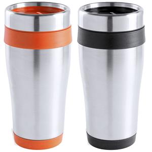 Merkloos Warmhoudbekers/thermos isoleer koffiebekers/mokken - 2x stuks - RVS - zwart en oranje - 450 ml -