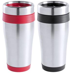Merkloos Warmhoudbekers/thermos isoleer koffiebekers/mokken - 2x stuks - RVS - zwart en rood - 450 ml -
