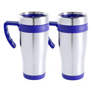 Merkloos Warmhoudbeker/thermos isoleer koffiebeker/mok - 2x - RVS - zilver/blauw - 450 ml -