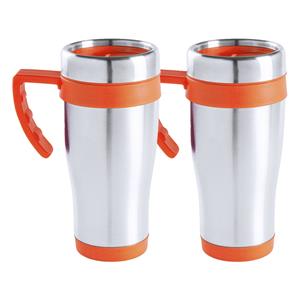 Merkloos Warmhoudbeker/thermos isoleer koffiebeker/mok - 2x - RVS - zilver/oranje - 450 ml -