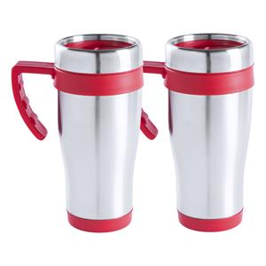 Merkloos Warmhoudbeker/thermos isoleer koffiebeker/mok - 2x - RVS - zilver/rood - 450 ml -