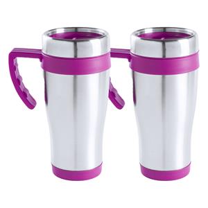 Merkloos Warmhoudbeker/thermos isoleer koffiebeker/mok - 2x - RVS - zilver/roze - 450 ml -