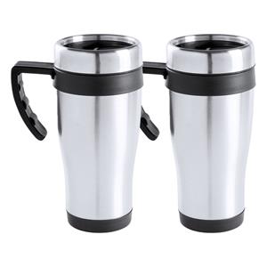 Merkloos Warmhoudbeker/thermos isoleer koffiebeker/mok - 2x - RVS - zilver/zwart - 450 ml -