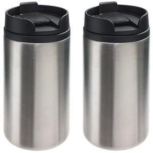 Merkloos Thermosbeker/warmhoudbeker Koffie To Go - 2x - metallic zilver - 290 ml - dubbelwandig - met schroef -