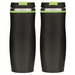 Merkloos Koffie en Thee thermosbeker/warmhoud beker - 2x - zwart/groen - 400 ml - Isoleerbeker dubbelwandig -