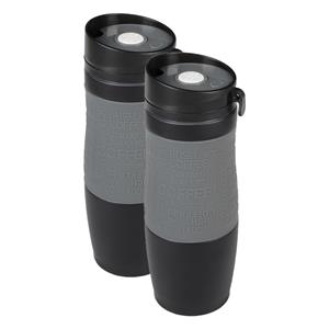Merkloos Koffie Thermosbeker/warmhoudbeker - 2x - grijs/zwart - 380 ml - isoleerbeker/reisbeker -