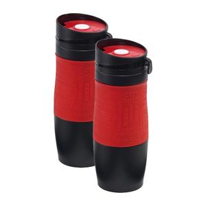 Merkloos Koffie Thermosbeker/warmhoudbeker - 2x - rood/zwart - 380 ml - isoleerbeker/reisbeker -