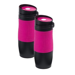 Merkloos Koffie Thermosbeker/warmhoudbeker - 2x - roze/zwart - 380 ml - isoleerbeker/reisbeker -