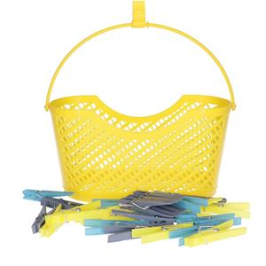 Merkloos 24x gekleurde wasknijpers in hangmandje - geel - kunststof - 17 x 19 x 11.5 cm - wassen - ophangen - -