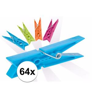 Merkloos Wasknijpers - 64x stuks - gekleurde knijpers / wasspelden - Kunststof -