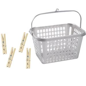 Forte Plastics Wasknijper mandje/bakje - zilver - inclusief 48x wasknijpers - hout -