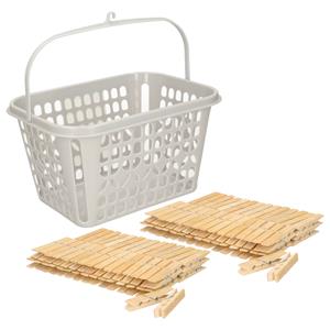 PlasticForte Wasknijpers ophangmandje met haak - lichtgrijs - en 120x bamboe wasknijpers van 7 cm -
