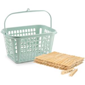 Merkloos Wasknijpersmandje met haak - mintgroen - en 120x houten wasknijpers 7 cm -