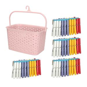 Merkloos Wasknijpers ophangmandje met haak - roze - en 96x gekleurde wasknijpers van 7,5 cm -