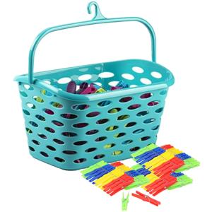 PlasticForte Wasknijpers ophang mandje/bakje - blauw - met 72x plastic knijpers -