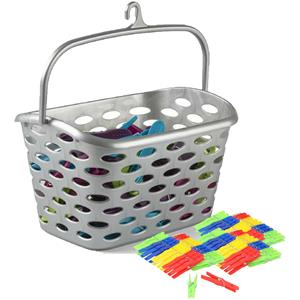 PlasticForte Wasknijpers ophang mandje/bakje - zilver - met 72x plastic knijpers -