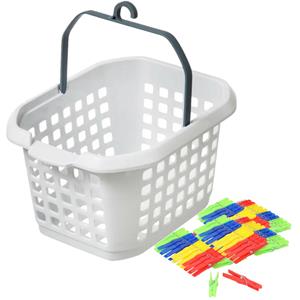 Merkloos Wasknijpers ophang mandje/bakje - wit - met 72x plastic knijpers -