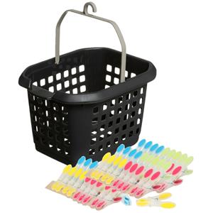 Merkloos Wasknijpers ophang mandje/bakje - zwart - met 60x plastic soft grip knijpers -