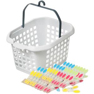 Merkloos Wasknijpers ophang mandje/bakje - wit - met 60x plastic soft grip knijpers -