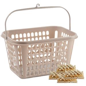 Forte Plastics Wasknijper bewaarmandje/bakje - taupe - incl. 100x wasknijpers - hout -