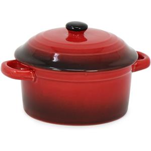 Excellent Houseware Mini stoofpannetje/ovenschaaltje met deksel rood 9 cm van porselein -