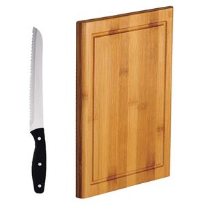 Merkloos Bamboe houten snijplank 21 x 31 cm inclusief RVS Broodmes 33 cm -