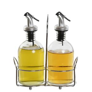 Items Azijn/Olie flessen tafelset - glas/metaal - transparant - met schenktuit -