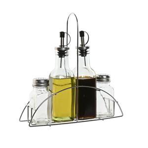 Items Azijn/Olie flessen tafelset - met peper/zout vaatjes - glas/metaal - transparant -