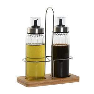Items Azijn/Olie flessen tafelset - glas/metaal - transparant - met schenktuit -