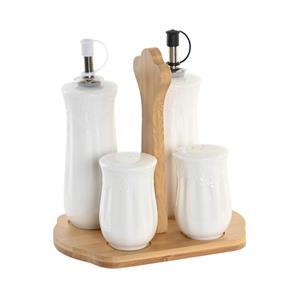 Items Azijn/Olie flessen tafelset - met peper/zout vaatjes - porselein/bamboe - wit -