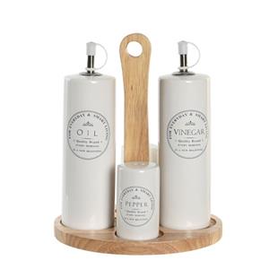 Items Azijn/Olie flessen tafelset - met peper/zout vaatjes - keramiek/bamboe - wit -
