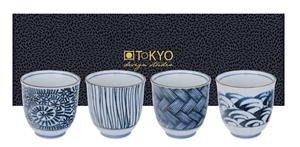 Tokyo Design Studio Blauw/Witte Theekopset - Set van 4 stuks - 8 x 7.9cm