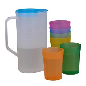 Cuisine Elegance Waterkan/sapkan en 6 bekers - kleurenmix - 1.5 liter - kunststof - 24 x 16 cm -