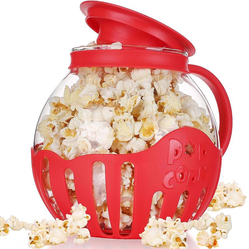 Seahorse Home LMETJMA 2,25QT magnetron glazen popcornpopper met siliconen deksel Magnetron popcornpopper met temperatuurbestendig glas JT186 rood