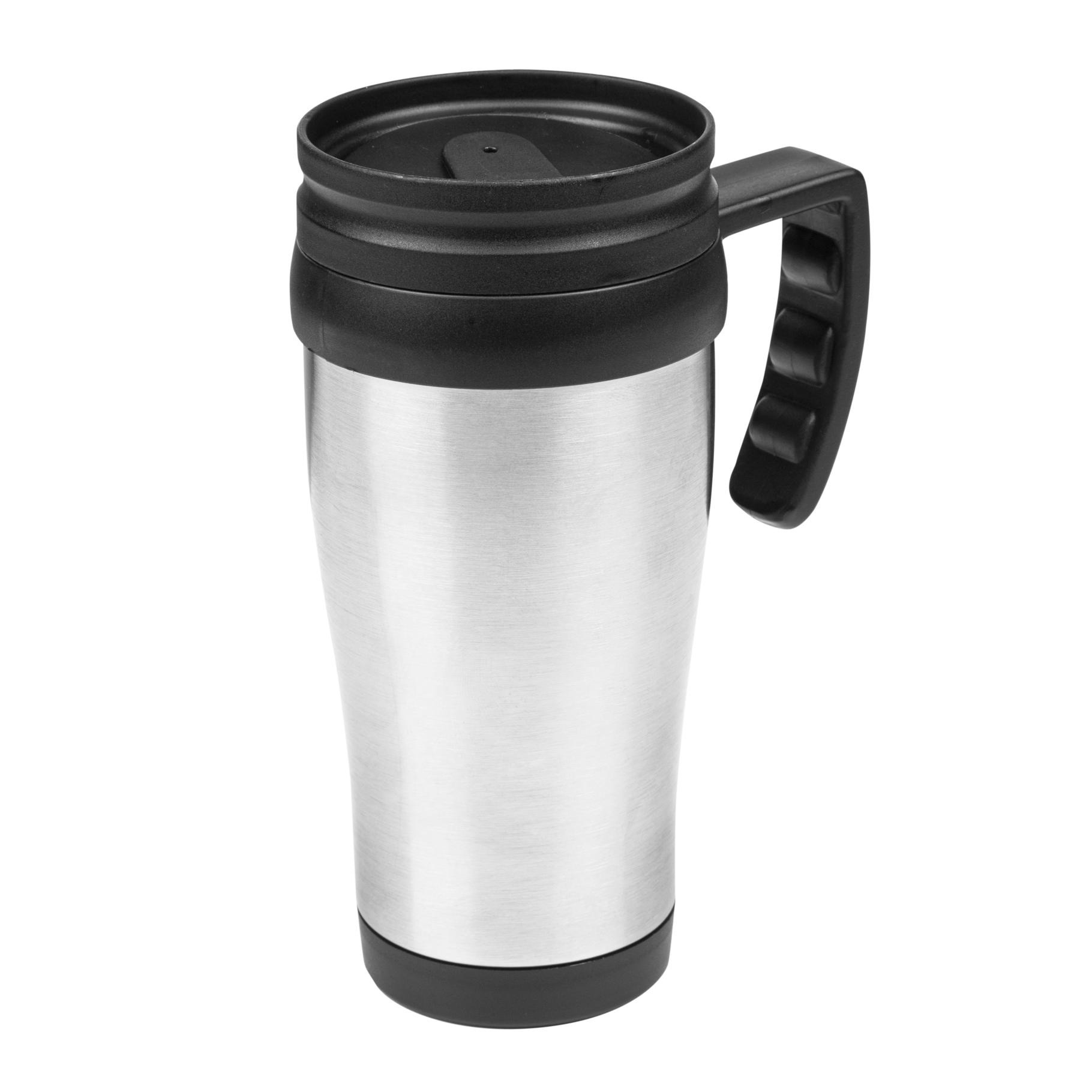 HI Thermosbeker/warmhoudbeker Koffie To Go - zilver/zwart - 450 ml - koffie/thee bekers - dubbelwandig -