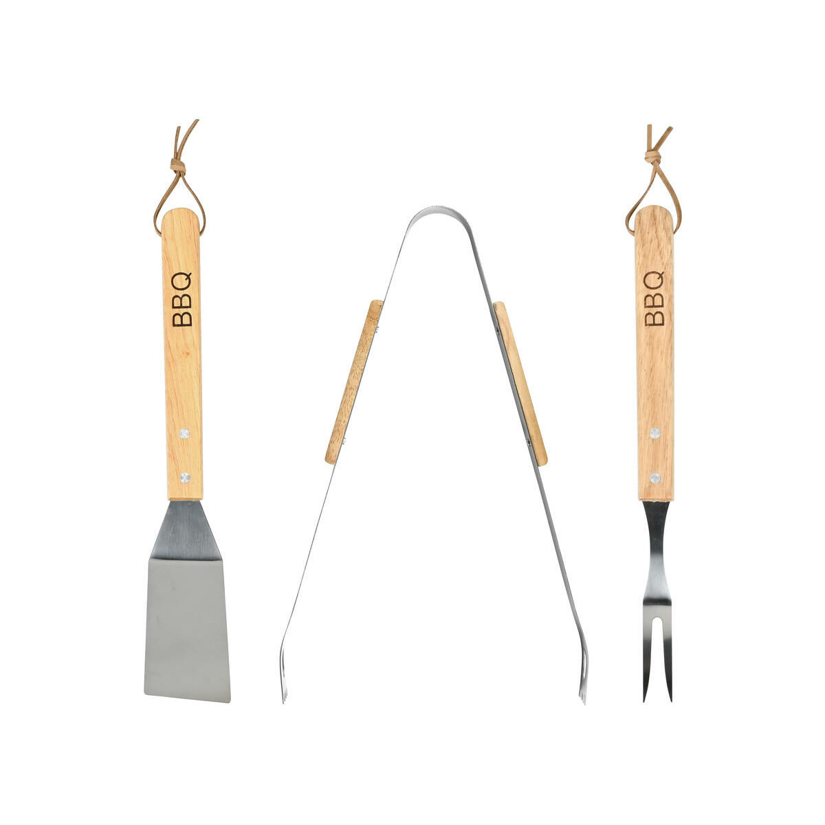 Benson BBQ gereedschapset - 3-delig - tang/spatel/vork - RVS - houten handvat - 33 cm -
