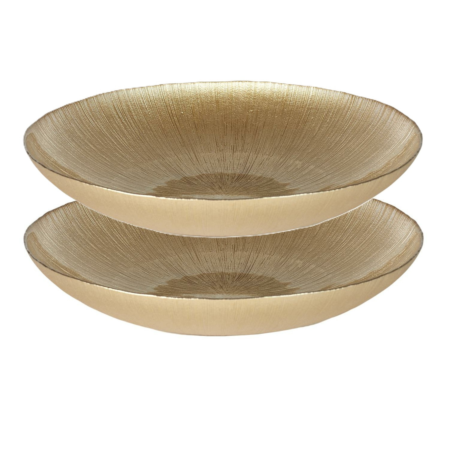 Home Deco Factory Salade serveer schaal - 2x - Fruitschaal/fruitmand - Glas - D40 x H6 cm - goud -