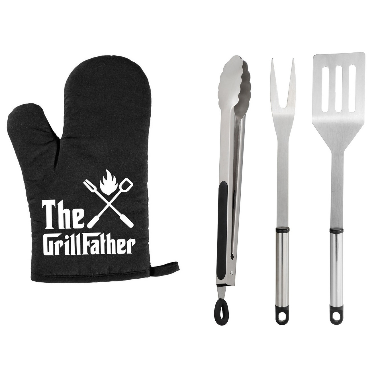 Merkloos BBQ/barbecue gereedschap set 3-delig RVS met BBQ handschoen The Grillfather -