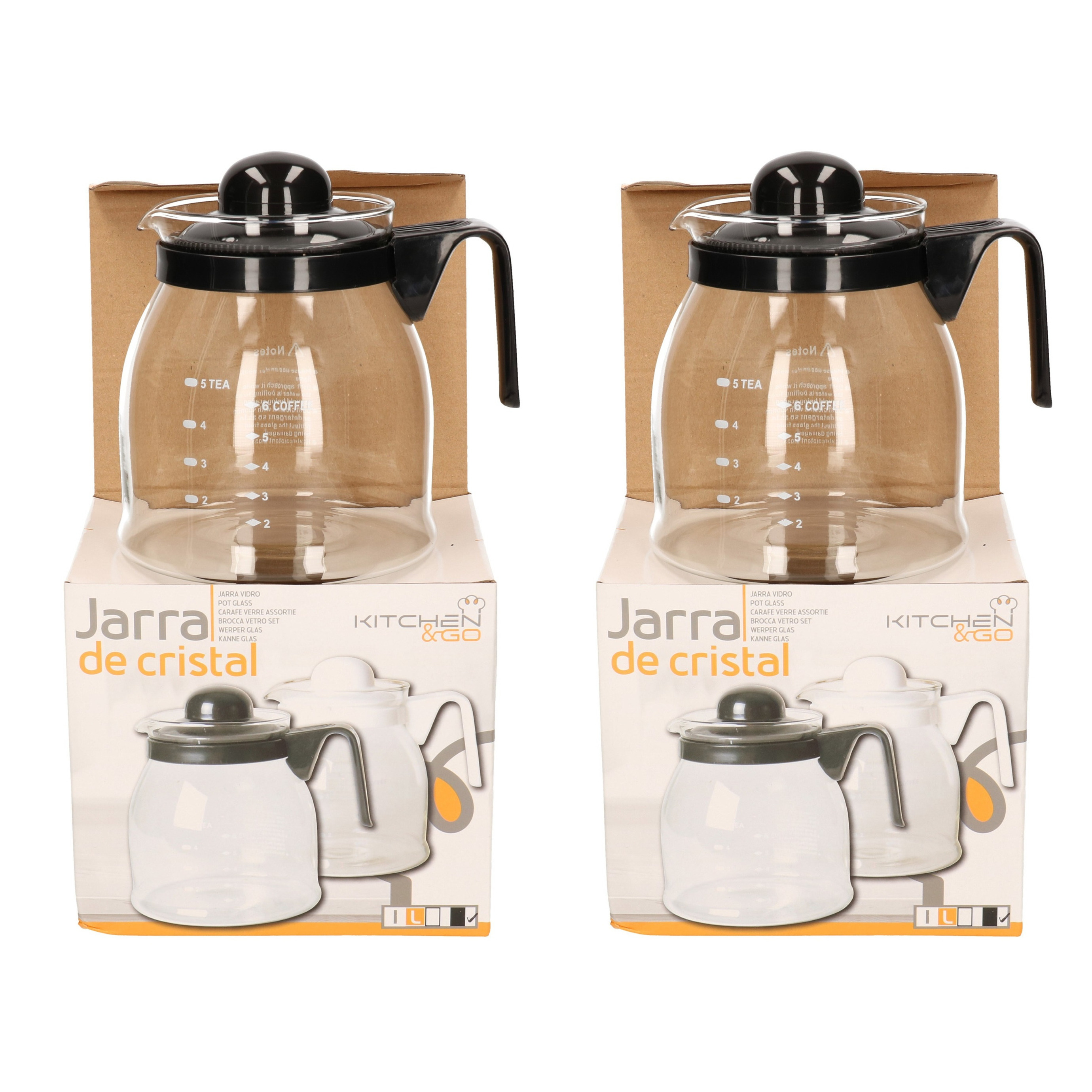 Gerimport 2x stuks theepot/koffiepot met zwarte deksel en handvat 1 liter -