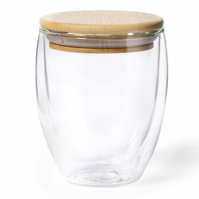 Merkloos Thermische koffieglazen/theeglazen dubbelwandig - met bamboe deksel - 250 ml -
