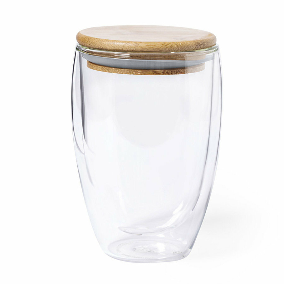 Merkloos Thermische koffieglazen/theeglazen dubbelwandig - met bamboe deksel - 350 ml -