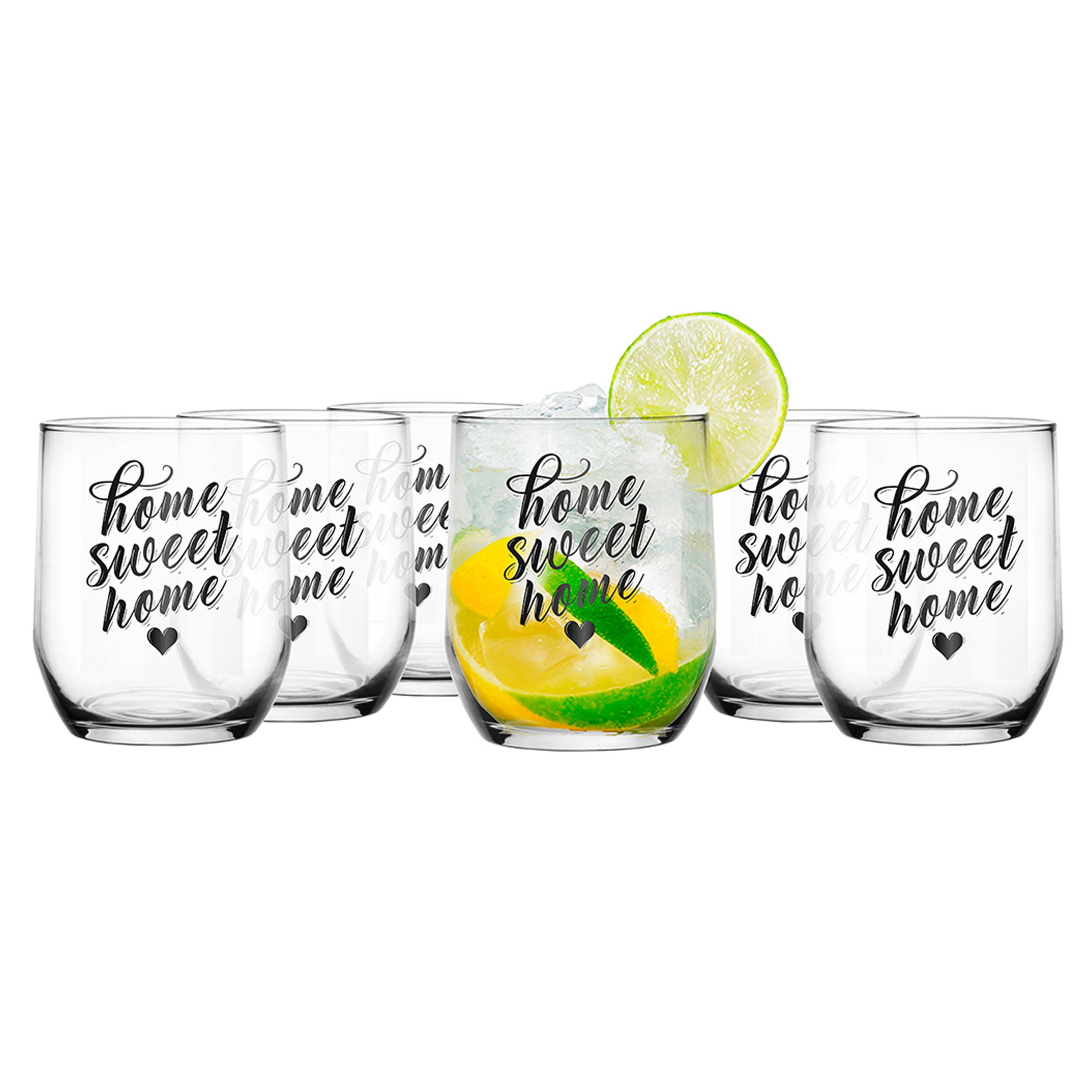 Glasmark Drinkglazen/waterglazen Tumblers Home Sweet Home - transparant glas - 6x stuks - 300 ml -