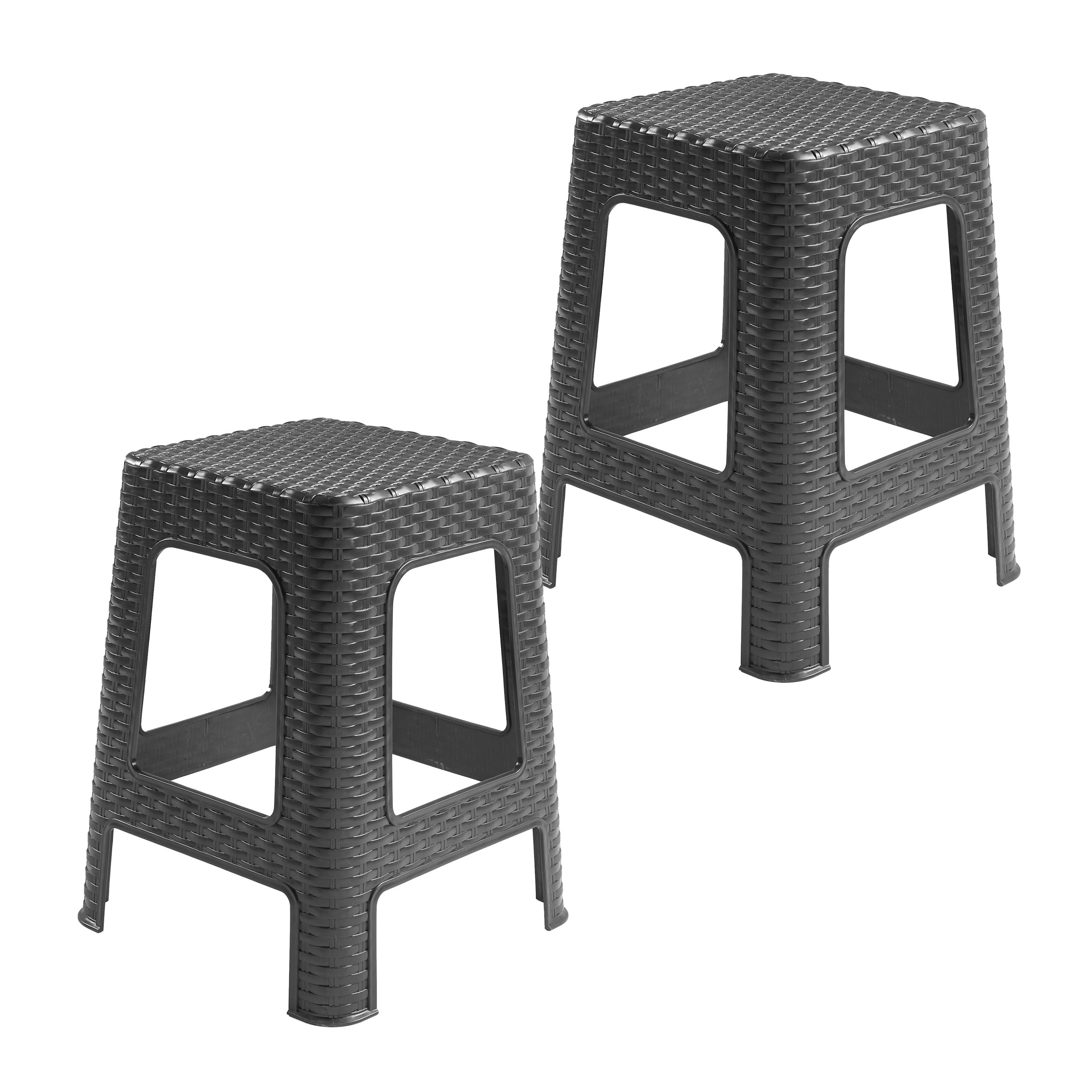 PlasticForte Rotan opstapje/zit krukje - 2x - kunststof - zwart - x x 45 cm - Keuken/badkamer - Krukjes -